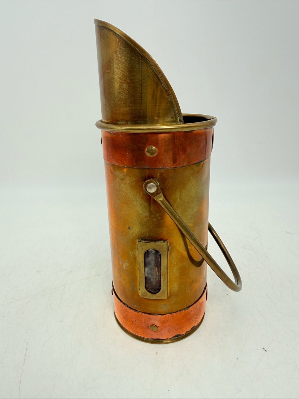 Vintage Brass and Copper Decorative Coal Scuttle - long matches holder